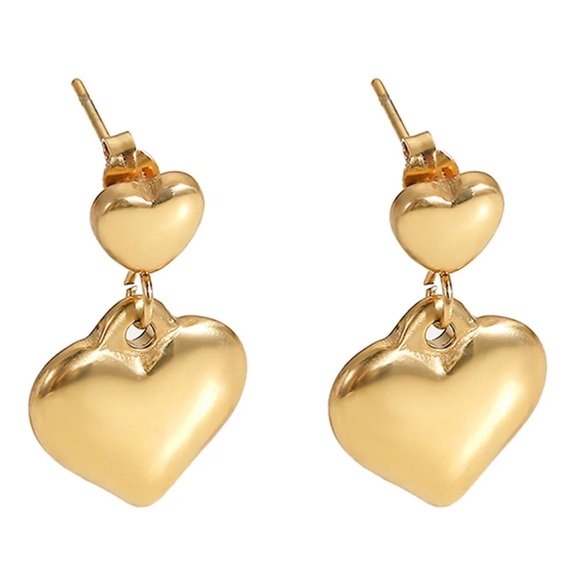 14K Gold Plated Heart Earrings*Double Heart Earrings*Drop Earrings - Picture 3 of 4